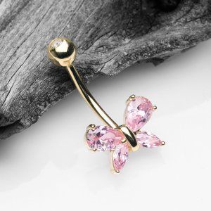 14 Karat Gold Marquise Sparkle Butterfly Belly Button Ring - Pink Gem
